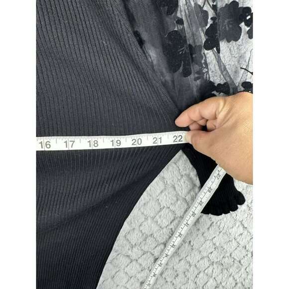 Almost Famous Black Dress Stretch below Knee‎ Sheer Floral Sleeves Size M/L - Picture 7 of 12